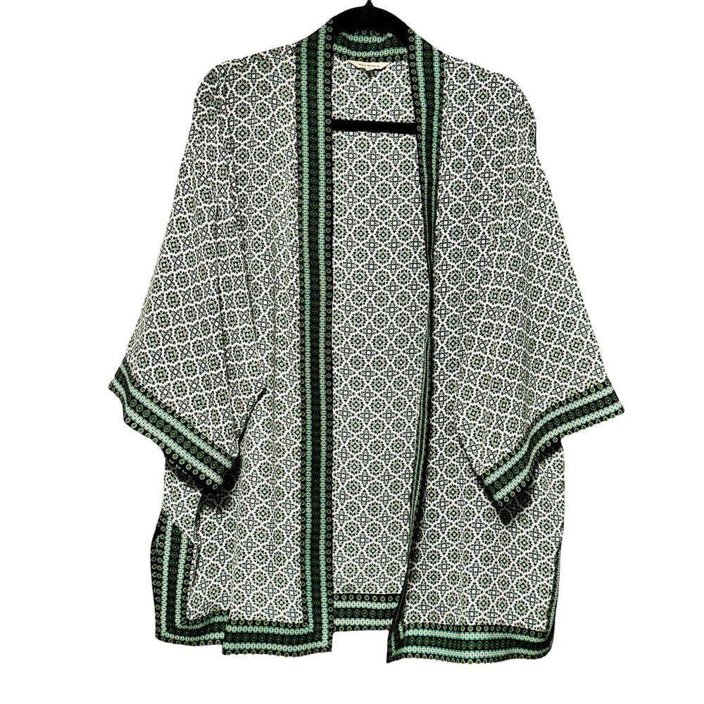 Max Studio Open Front Lightweight Boho Print Green and Black Kimono size Large